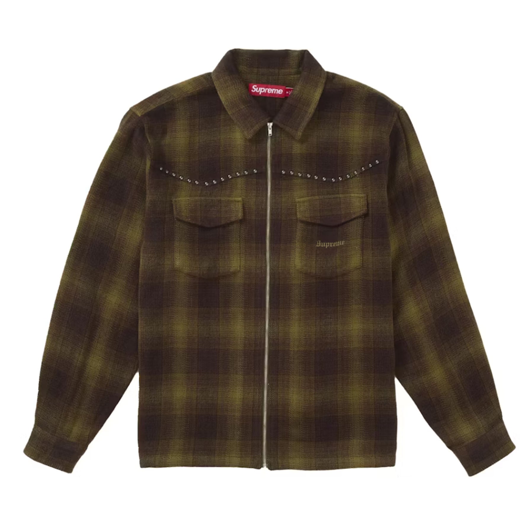 Supreme Studded Shadow Plaid Zip Up Shirt Green