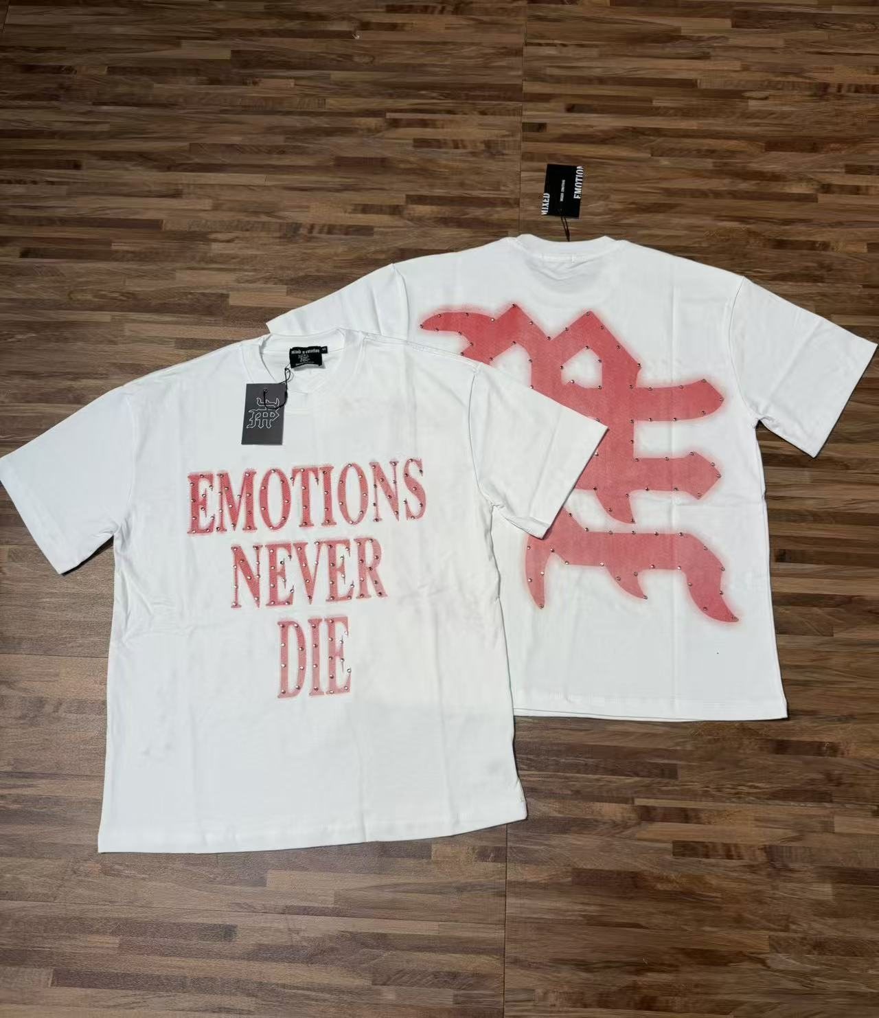 MIXED EMOTION Never Die Studded Graphic T-Shirt — context