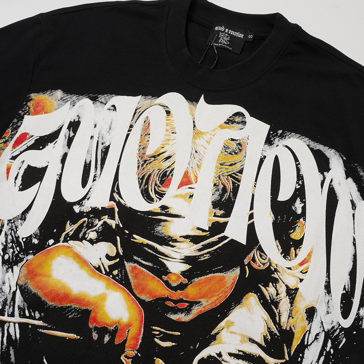 MIXED EMOTION Black Illustrated Front & Back Graphic T-Shirt — detail