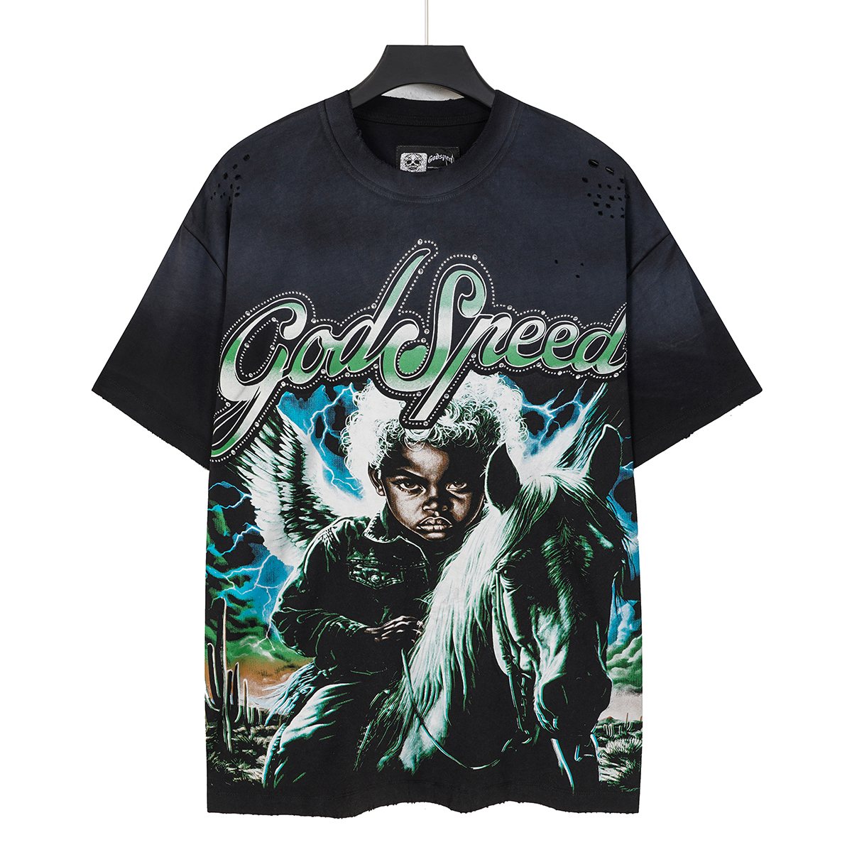 Godspeed Distressed Rhinestone Short-Sleeve Graphic T-Shirt — front