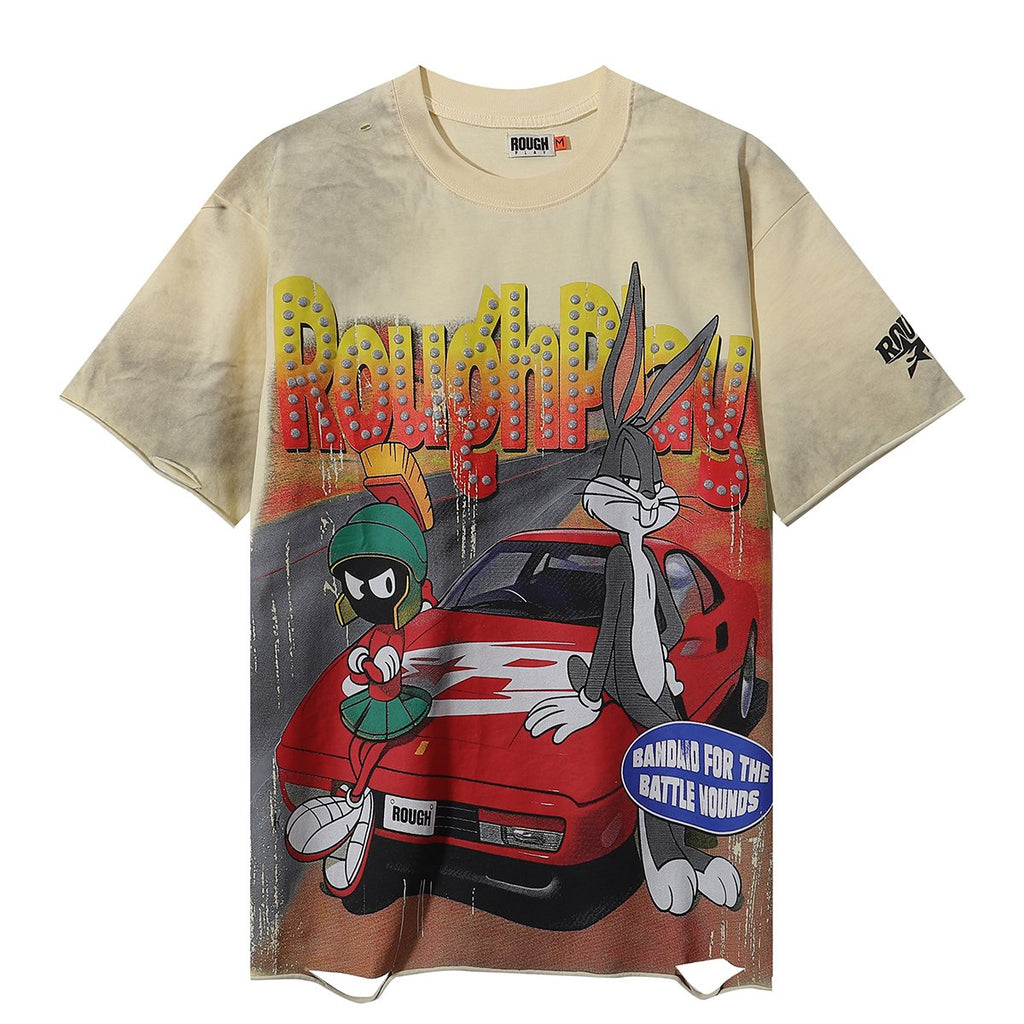 Rough Play Rabbit Car Distressed Short-Sleeve T-Shirt — hero