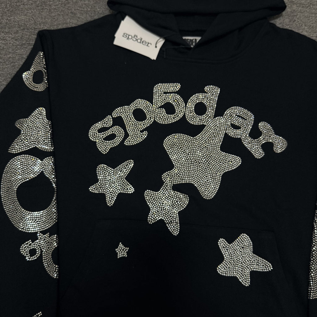 Sp5der Silver Rhinestone-Style Graphic Hoodie — detail