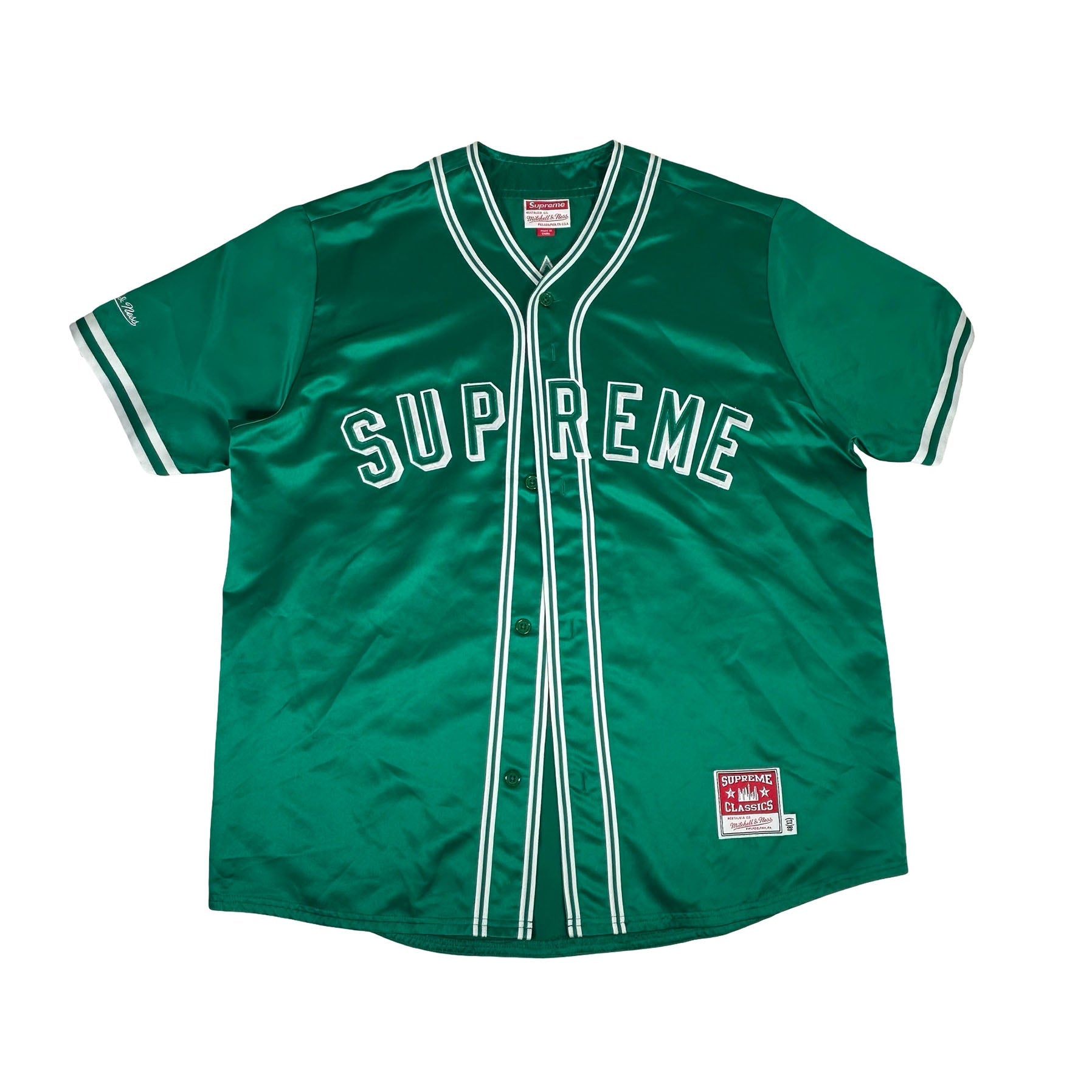 Supreme Mitchell & Ness Satin Baseball Jersey Green [USED] - XL (Used)