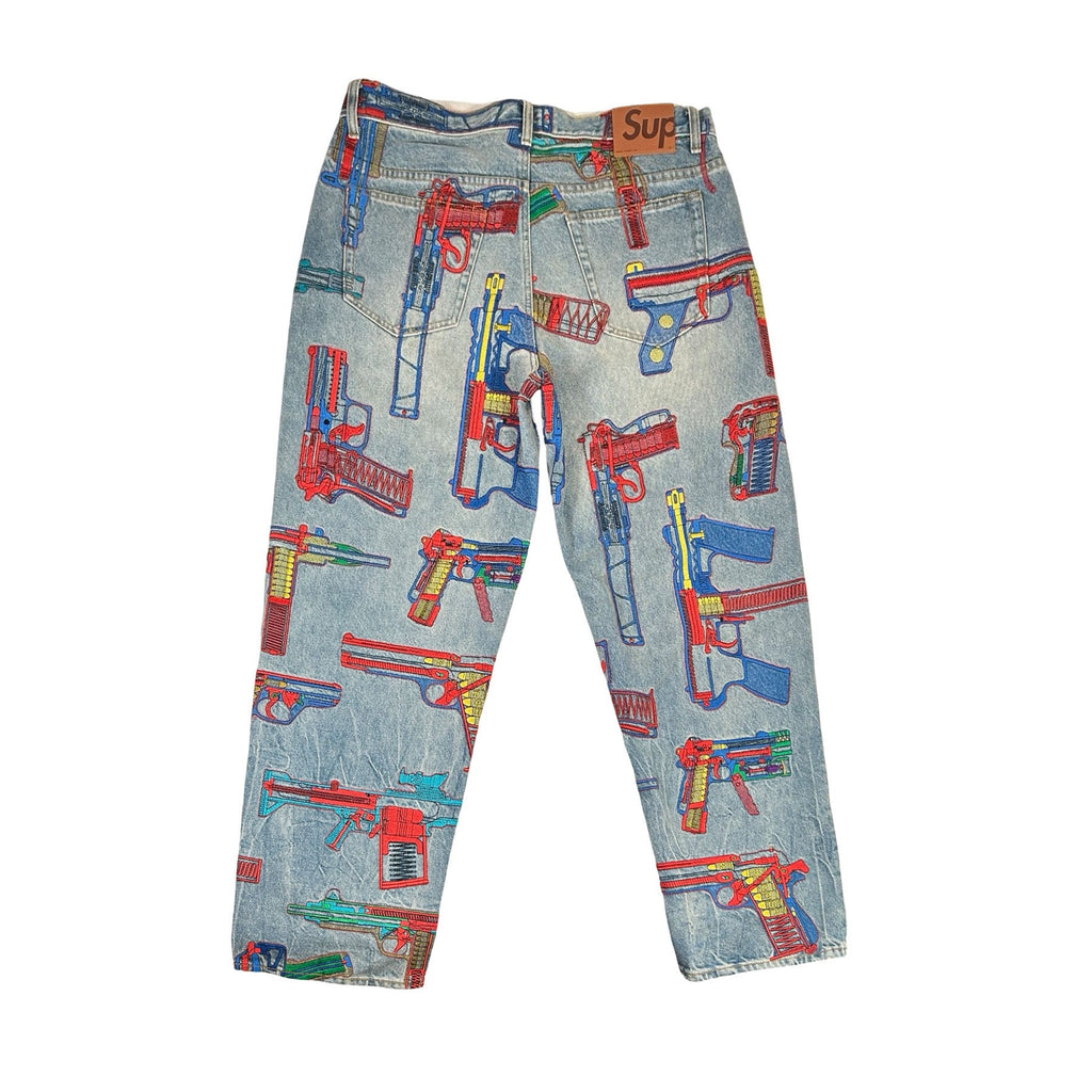 Supreme Guns Embroidered Loose Fit Jean Washed Indigo [USED] - 34 (Used)