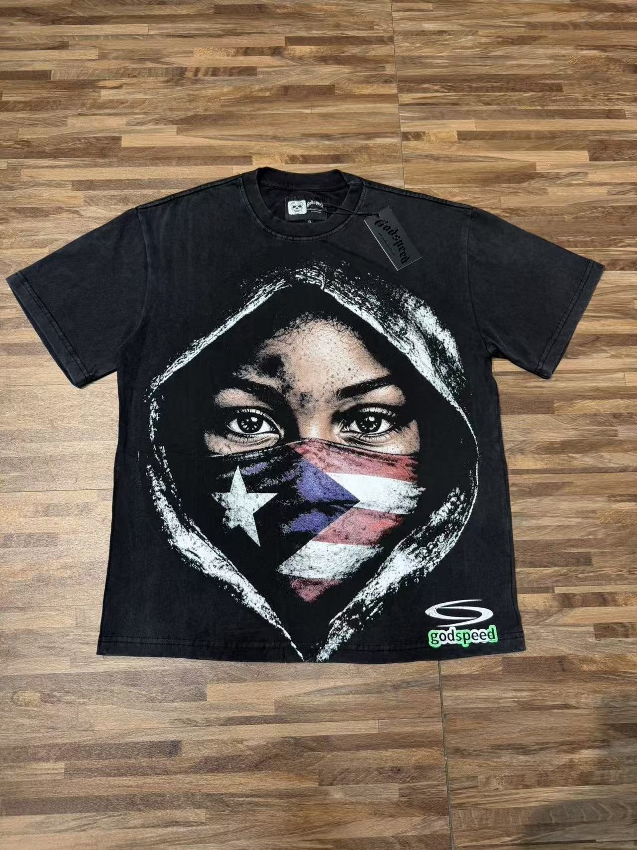 Godspeed Hooded Flag Portrait Graphic T-Shirt — front